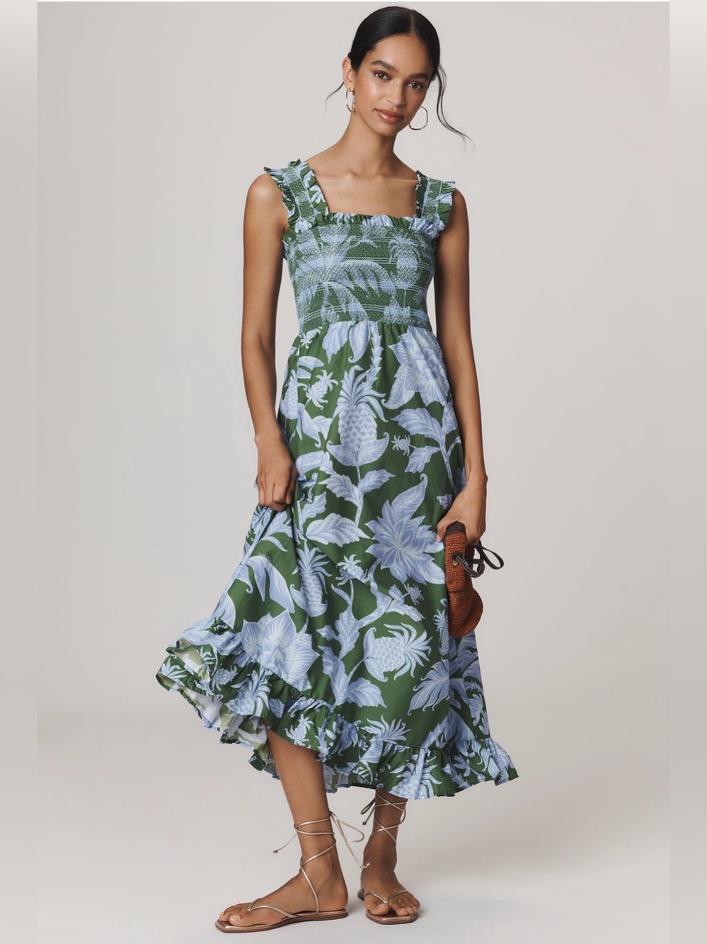 Farm Rio Tropical Swing Green Sleeveless Midi Dress